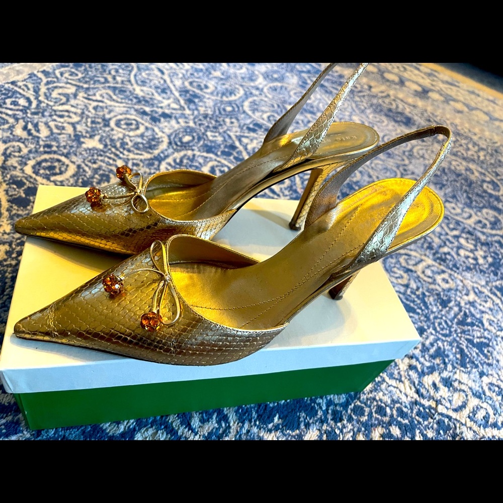 Sold - Kate Spade Gold Snake Skin Slingback Heels Sz 10